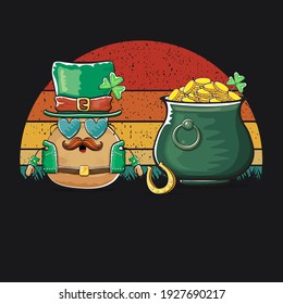 Happy Saint Patrick's day poster with funky leprechaun potato character with green Patricks hat and Pot Full of Golden Coins on vintage sunset background. Rock n roll Patricks day  funky character