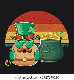 Happy Saint Patrick's day poster with funky leprechaun potato character with green Patricks hat and Pot Full of Golden Coins on vintage sunset background. Rock n roll Patricks day  funky character