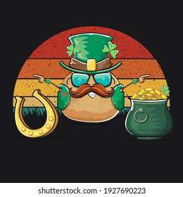 Happy Saint Patrick's day poster with funky leprechaun potato character with green Patricks hat and Pot Full of Golden Coins on vintage sunset background. Rock n roll Patricks day  funky character