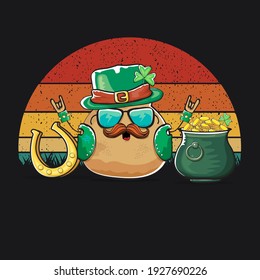 Happy Saint Patrick's day poster with funky leprechaun potato character with green Patricks hat and Pot Full of Golden Coins on vintage sunset background. Rock n roll Patricks day  funky character