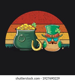 Happy Saint Patrick's day poster with funky leprechaun potato character with green Patricks hat and Pot Full of Golden Coins on vintage sunset background. Rock n roll Patricks day  funky character