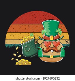 Happy Saint Patrick's day poster with funky leprechaun potato character with green Patricks hat and Pot Full of Golden Coins on vintage sunset background. Rock n roll Patricks day  funky character