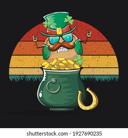 Happy Saint Patrick's day poster with funky leprechaun potato character with green Patricks hat and Pot Full of Golden Coins on vintage sunset background. Rock n roll Patricks day  funky character