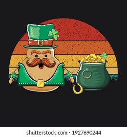 Happy Saint Patrick's day poster with funky leprechaun potato character with green Patricks hat and Pot Full of Golden Coins on vintage sunset background. Rock n roll Patricks day  funky character