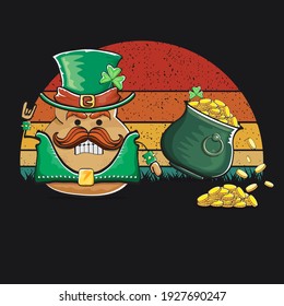 Happy Saint Patrick's day poster with funky leprechaun potato character with green Patricks hat and Pot Full of Golden Coins on vintage sunset background. Rock n roll Patricks day  funky character