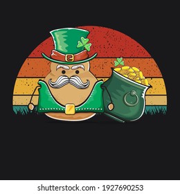 Happy Saint Patrick's day poster with funky leprechaun potato character with green Patricks hat and Pot Full of Golden Coins on vintage sunset background. Rock n roll Patricks day  funky character