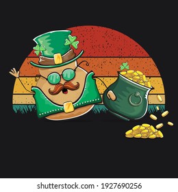 Happy Saint Patrick's day poster with funky leprechaun potato character with green Patricks hat and Pot Full of Golden Coins on vintage sunset background. Rock n roll Patricks day  funky character