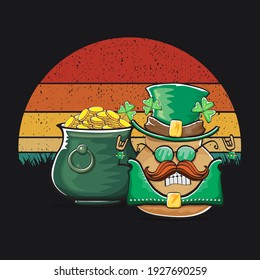 Happy Saint Patrick's day poster with funky leprechaun potato character with green Patricks hat and Pot Full of Golden Coins on vintage sunset background. Rock n roll Patricks day  funky character