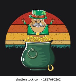 Happy Saint Patrick's day poster with funky leprechaun potato character with green Patricks hat and Pot Full of Golden Coins on vintage sunset background. Rock n roll Patricks day  funky character