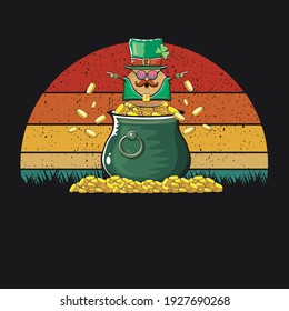 Happy Saint Patrick's day poster with funky leprechaun potato character with green Patricks hat and Pot Full of Golden Coins on vintage sunset background. Rock n roll Patricks day  funky character