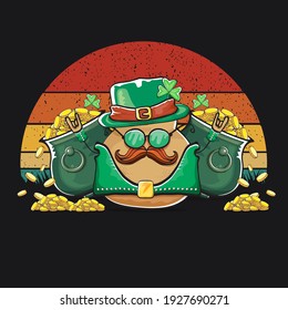 Happy Saint Patrick's day poster with funky leprechaun potato character with green Patricks hat and Pot Full of Golden Coins on vintage sunset background. Rock n roll Patricks day  funky character