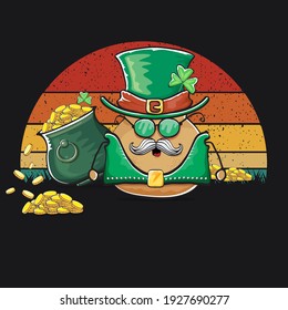 Happy Saint Patrick's day poster with funky leprechaun potato character with green Patricks hat and Pot Full of Golden Coins on vintage sunset background. Rock n roll Patricks day  funky character