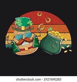 Happy Saint Patrick's day poster with funky leprechaun potato character with green Patricks hat and Pot Full of Golden Coins on vintage sunset background. Rock n roll Patricks day  funky character