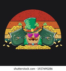 Happy Saint Patrick's day poster with funky leprechaun potato character with green Patricks hat and Pot Full of Golden Coins on vintage sunset background. Rock n roll Patricks day  funky character