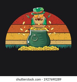 Happy Saint Patrick's day poster with funky leprechaun potato character with green Patricks hat and Pot Full of Golden Coins on vintage sunset background. Rock n roll Patricks day  funky character