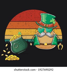 Happy Saint Patrick's day poster with funky leprechaun potato character with green Patricks hat and Pot Full of Golden Coins on vintage sunset background. Rock n roll Patricks day  funky character