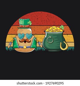 Happy Saint Patrick's day poster with funky leprechaun potato character with green Patricks hat and Pot Full of Golden Coins on vintage sunset background. Rock n roll Patricks day  funky character