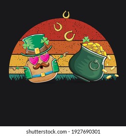 Happy Saint Patrick's day poster with funky leprechaun potato character with green Patricks hat and Pot Full of Golden Coins on vintage sunset background. Rock n roll Patricks day  funky character
