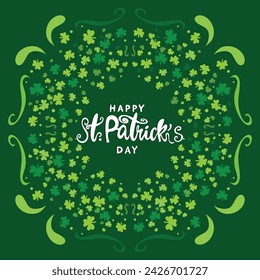 Happy Saint Patrick's day poster with clover on green background. Saint Patrick festival on March 17. Vector for greeting card with leaf clovers and shapes. Irish greeting card.Vector illustration.