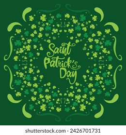 Happy Saint Patrick's day poster with clover on green background. Saint Patrick festival on March 17. Vector for greeting card with leaf clovers and shapes. Irish greeting card.Vector illustration.