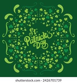 Happy Saint Patrick's day poster with clover on green background. Saint Patrick festival on March 17. Vector for greeting card with leaf clovers and shapes. Irish greeting card.Vector illustration.