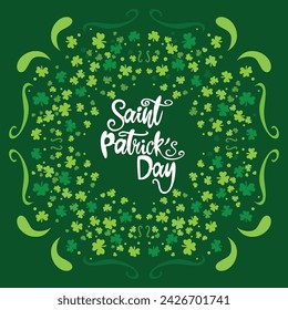 Happy Saint Patrick's day poster with clover on green background. Saint Patrick festival on March 17. Vector for greeting card with leaf clovers and shapes. Irish greeting card.Vector illustration.