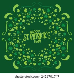 Happy Saint Patrick's day poster with clover on green background. Saint Patrick festival on March 17. Vector for greeting card with leaf clovers and shapes. Irish greeting card.Vector illustration.