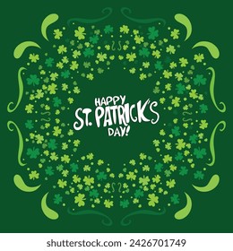 Happy Saint Patrick's day poster with clover on green background. Saint Patrick festival on March 17. Vector for greeting card with leaf clovers and shapes. Irish greeting card.Vector illustration.