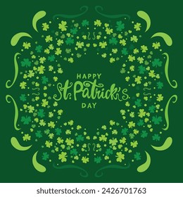 Happy Saint Patrick's day poster with clover on green background. Saint Patrick festival on March 17. Vector for greeting card with leaf clovers and shapes. Irish greeting card.Vector illustration.