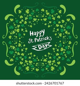 Happy Saint Patrick's day poster with clover on green background. Saint Patrick festival on March 17. Vector for greeting card with leaf clovers and shapes. Irish greeting card.Vector illustration.