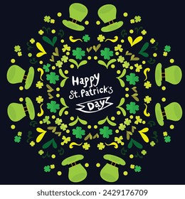 Happy Saint Patrick's day poster with clover on dark blue background. Saint Patrick festival on March 17. Vector for greeting card with hats, leaf clovers and shapes. Irish greeting card.Vector eps10