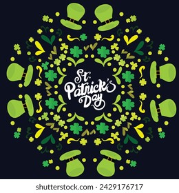 Happy Saint Patrick's day poster with clover on dark blue background. Saint Patrick festival on March 17. Vector for greeting card with hats, leaf clovers and shapes. Irish greeting card.Vector eps10