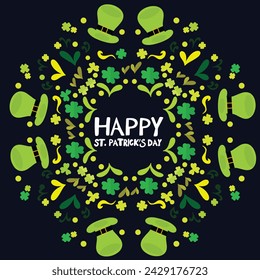 Happy Saint Patrick's day poster with clover on dark blue background. Saint Patrick festival on March 17. Vector for greeting card with hats, leaf clovers and shapes. Irish greeting card.Vector eps10