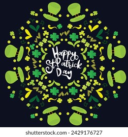 Happy Saint Patrick's day poster with clover on dark blue background. Saint Patrick festival on March 17. Vector for greeting card with hats, leaf clovers and shapes. Irish greeting card.Vector eps10