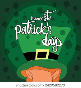 Happy Saint Patrick's day poster with elf  on green background. Saint Patrick festival on March 17. Vector for greeting card with leaf clovers and shapes. Irish greeting card.Vector illustration.