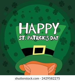 Happy Saint Patrick's day poster with elf  on green background. Saint Patrick festival on March 17. Vector for greeting card with leaf clovers and shapes. Irish greeting card.Vector illustration.