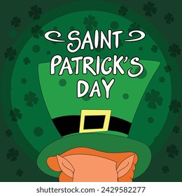 Happy Saint Patrick's day poster with elf  on green background. Saint Patrick festival on March 17. Vector for greeting card with leaf clovers and shapes. Irish greeting card.Vector illustration.