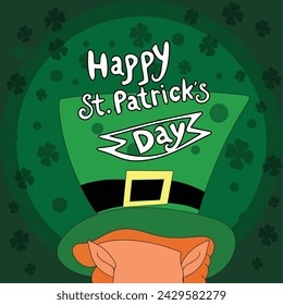 Happy Saint Patrick's day poster with elf  on green background. Saint Patrick festival on March 17. Vector for greeting card with leaf clovers and shapes. Irish greeting card.Vector illustration.