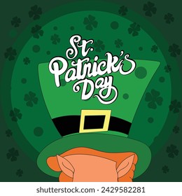 Happy Saint Patrick's day poster with elf  on green background. Saint Patrick festival on March 17. Vector for greeting card with leaf clovers and shapes. Irish greeting card.Vector illustration.