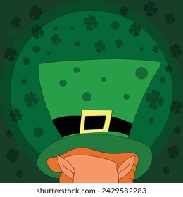 Happy Saint Patrick's day poster with elf  on green background. Saint Patrick festival on March 17. Vector for greeting card with leaf clovers and shapes. Irish greeting card.Vector illustration.