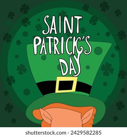 Happy Saint Patrick's day poster with elf  on green background. Saint Patrick festival on March 17. Vector for greeting card with leaf clovers and shapes. Irish greeting card.Vector illustration.