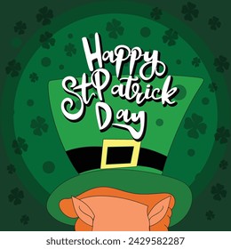 Happy Saint Patrick's day poster with elf  on green background. Saint Patrick festival on March 17. Vector for greeting card with leaf clovers and shapes. Irish greeting card.Vector illustration.