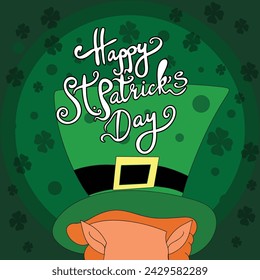 Happy Saint Patrick's day poster with elf  on green background. Saint Patrick festival on March 17. Vector for greeting card with leaf clovers and shapes. Irish greeting card.Vector illustration.