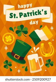 Happy Saint Patricks day poster. Green hat with clover and golden horseshoe. Greeting postcard template. Traditional irish holiday and festival. Cover or banner. Flat vector illustration