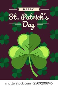 Happy Saint Patricks day poster. Clovers and place for text. Greeting postcard template. Traditional irish holiday and festival. Social media cover. Flat vector illustration