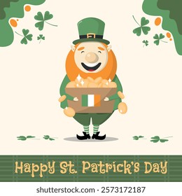 Happy Saint Patrick's Day Poster. Cute leprechaun carrying a box containing a pile of coins