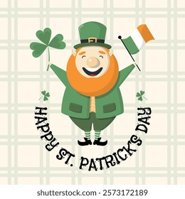 Happy Saint Patrick's Day Poster. Cute leprechaun carrying a clover leaf and an Irish flag