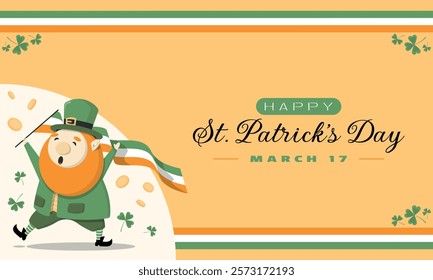 Happy Saint Patrick's Day Poster. Happy cute leprechaun waving flag