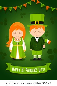 Happy Saint Patricks Day Poster. Card Design. Vector illustration. A girl and a boy with irish flag.