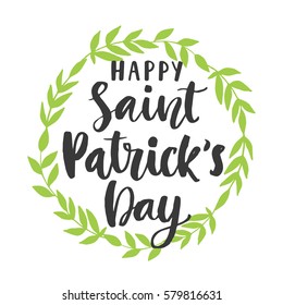 Happy Saint Patrick's Day poster, greeting card with modern calligraphy, isolated on white. Typography hand lettering for Irish national holiday